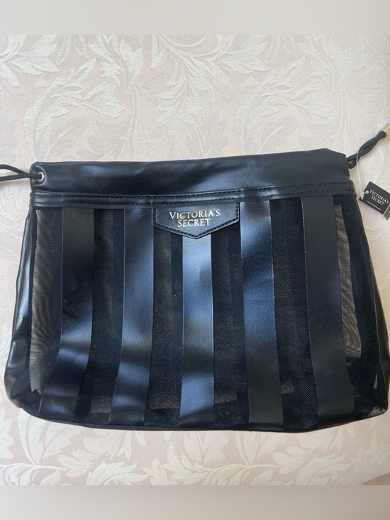 Victoria's Secret Other - Victoria Secret Black Mesh Faux Leather Striped Travel Makeup Bag NWT